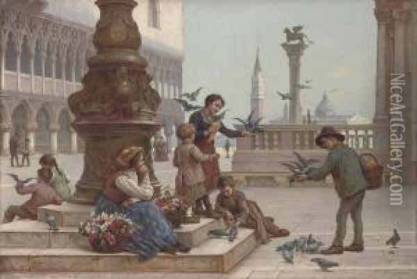 Feeding The Pigeons Oil Painting - Antonio Paoletti