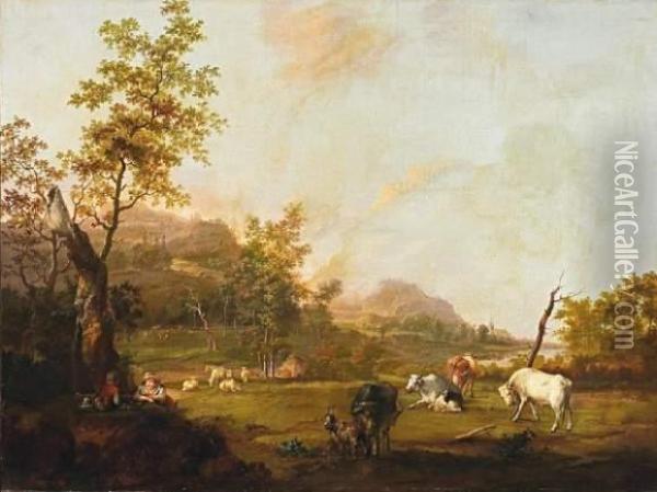 Landscape With Cattle Oil Painting - Joseph Augustus Knip