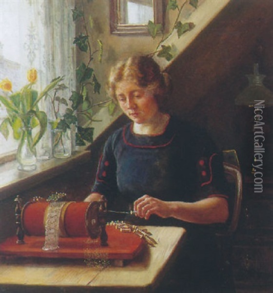 Interior Med Ung Kvinde Der Sidder Og Knipler Oil Painting - Anne Marie Hansen
