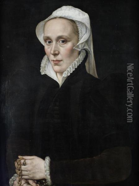 Portrait Of A Lady, Half-length, In A Black Dress Oil Painting - Adriaen Thomasz Ii Key