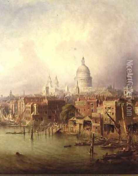 Queenhithe - St Pauls in the distance 1860 Oil Painting - F. Lloyds