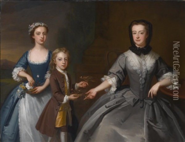 Portrait Of Mrs. Finch With Her Son And Daughter Oil Painting - Enoch Seeman