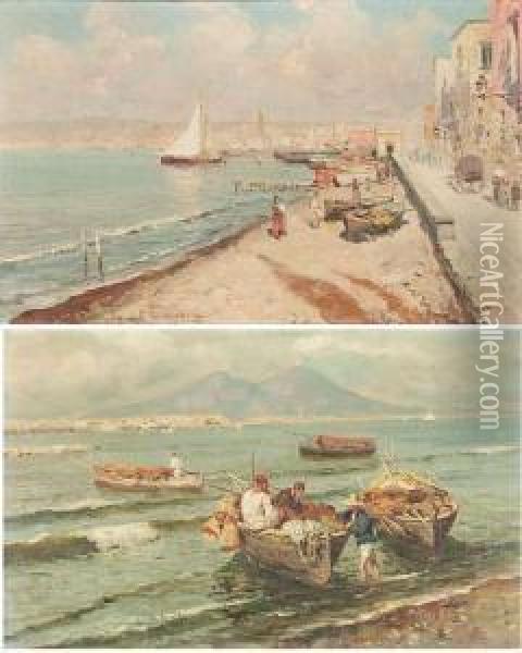 Fishermen In The Bay Of Naples Oil Painting - Giuseppe Giardiello