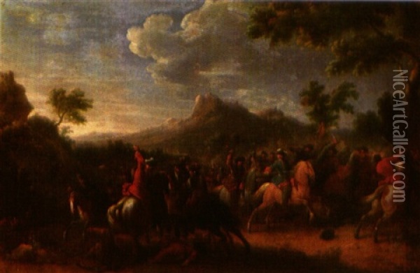 Choc De Cavalerie (+ Le Sac D'une Ville; Pair) Oil Painting - Jean-Baptiste Martin the Elder