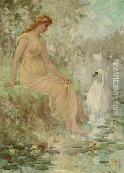 Ethereal Woman Sitting Near Swans Oil Painting - Frederick Stuart Church