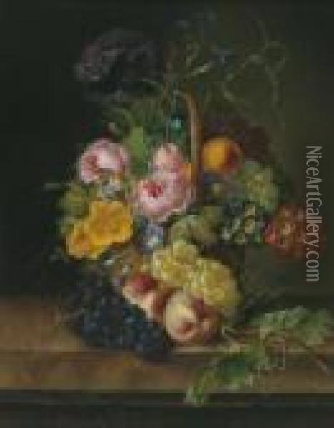 Natura Morta Con Cesto Di Fiori E Frutti Oil Painting - Franz Xaver Petter