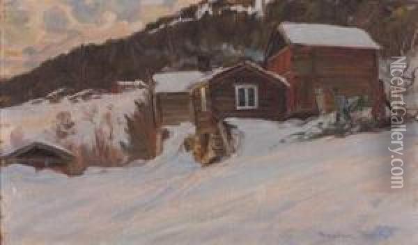 Vinterlandskap Med Gard Og Mennesker Oil Painting - Niels Gustav Wentzel