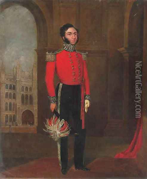 Portrait of a gentleman, full-length, in the uniform of a Lord Lieutenant, before the Guildhall Oil Painting - English School