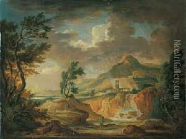 Der Windstoss. Arkadische Flusslandschaft Mit Einem Wasserfall. Oil Painting - Adolf Friedrich Harper