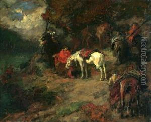 Horsemen On A Track In The Mountains Oil Painting - Johannes Hendrikus Jurres