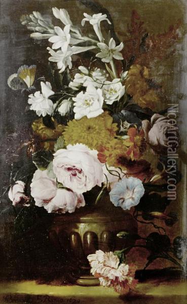Roses, Jasmine, Primroses And Other Flowers Inan Urn On A Table Top Oil Painting - Abraham Brueghel
