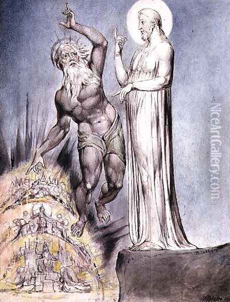 Satan Tempts Christ with the Kingdoms of Earth from Milton's 'Paradise Regained', Book III lines 251-426, c.1816-18 Oil Painting - William Blake