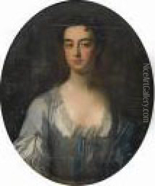 Portrait Of A Lady, Said To Be 
Mrs Holman, Bust-length, In A White Silk Dress And Blue Cloak Oil Painting - Richardson. Jonathan