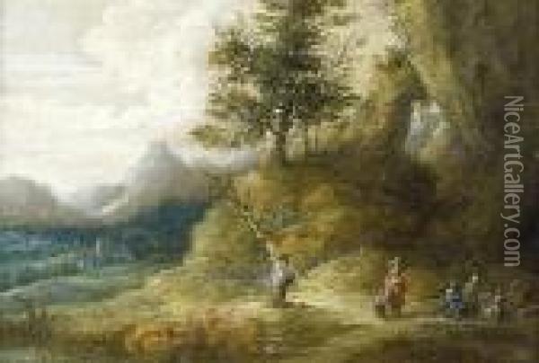 A Mountainous Landscape With Travellers Seated Around A Camp Fire Oil Painting - Lucas Van Uden