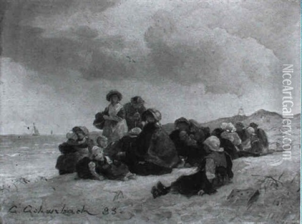Fischerfrauen Mit Ihren Kindern Am Strand Oil Painting - Andreas Achenbach
