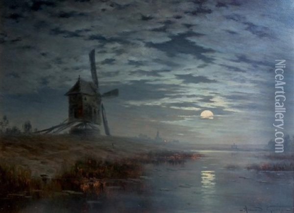 L'etang Au Clair De Lune, Environs De Ste Menehould Oil Painting - Armand Guery