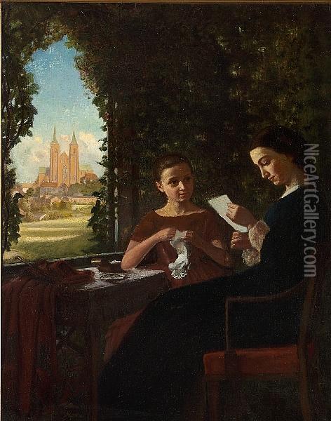 A Mother And Her Daughter Sitting At A Table With A View Of Roskilde Cathedral Oil Painting - Helmuth Dirckinck-Holmfeld