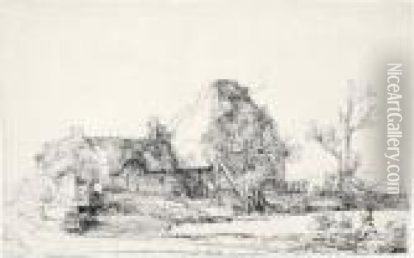 Cottages And Farm Buildings With A Man Sketching (b., Holl.219; H.213; Bb.45-2) Oil Painting - Rembrandt Van Rijn