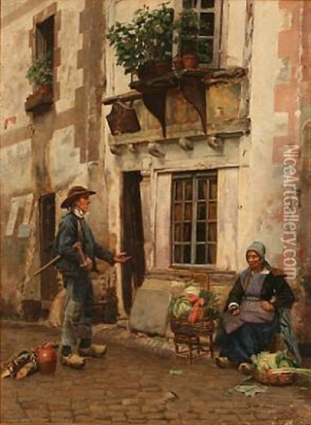 Street Scenery With A Greengrocer And A Lumberjack Oil Painting - Jan Bedijs Tom