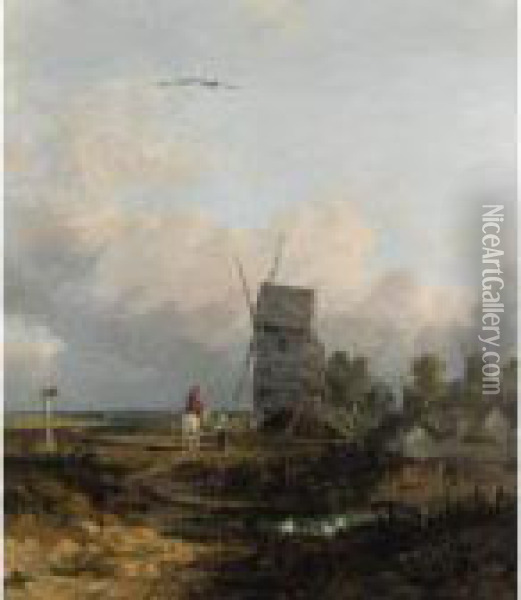 Figures By A Windmill Oil Painting - John Crome
