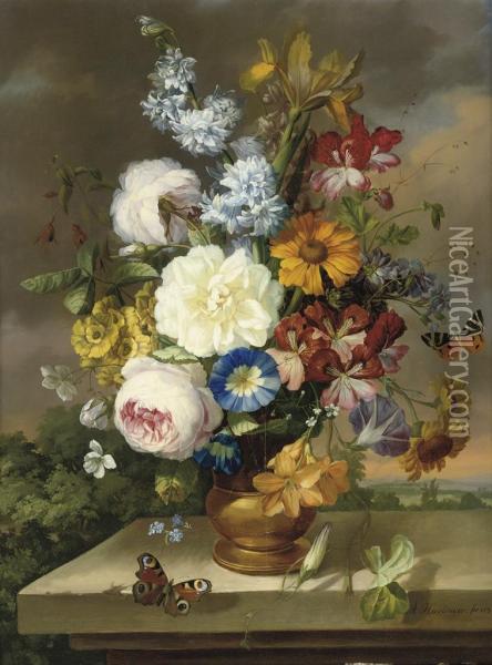 A Colourful Summer Bouquet With Butterflies Oil Painting - Anton Hartinger