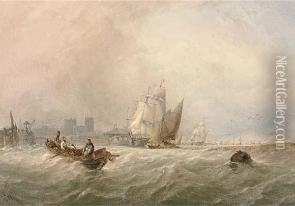 Fishermen Hauling In Their Nets On The Medway Amidst Other Shipping Oil Painting - Thomas Sewell Robins