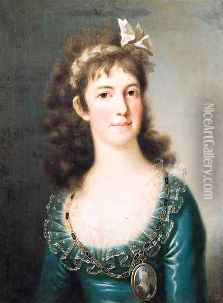 Portrait of a noblewoman, half length, wearing a blue dress with lace collar, a portrait miniature on a chain around her neck, a ribbon in her hair Oil Painting - Anton Raphael Mengs