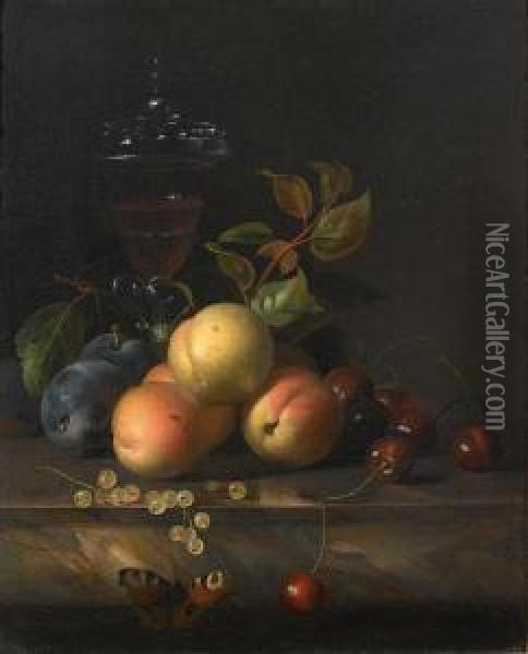 Cherries, Plums And Peaches With A Oil Painting - Jakob Bogdani Eperjes C
