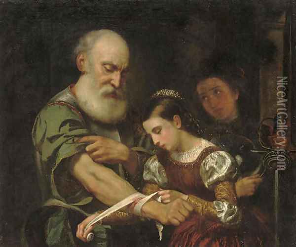 A young girl binding the wound of an old man Oil Painting - Bernhard Keil