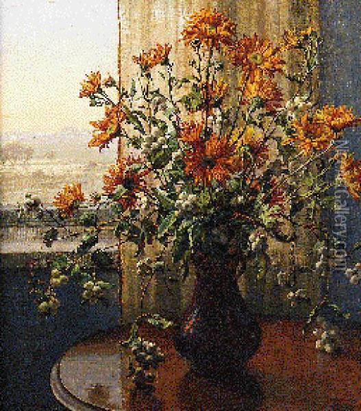 Flowers In A Vase On A Table With A View To A Winter Landscapebeyond Oil Painting - Wilhelm Andersen