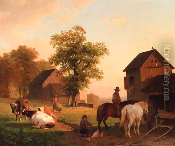 Farmyard with peasants and cattle Oil Painting - Jacobus Nicolaas Tjarda Van Stachouwer