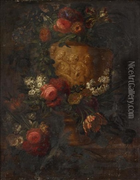Mixed Flowers In A Sculpted Stone Urn Upon A Ledge Oil Painting - Jan-Baptiste Bosschaert