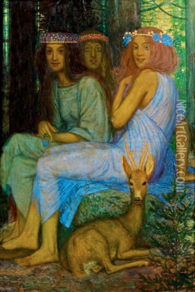 Drei Nymphen Mit Rehbock Oil Painting - Friedrich Koenig