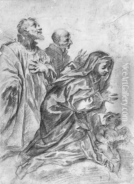 Three figures in prayer with a putto holding a crown Oil Painting - Alessandro Gherardini