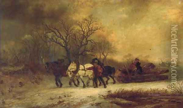 Loggers in a winter landscape Oil Painting - Alexis de Leeuw