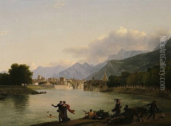 An Alpine Landscape With A View Of A Lake And Figures Bathing, Resting And Promenading, A Town Beyond Oil Painting - Jean Joseph Xavier Bidault
