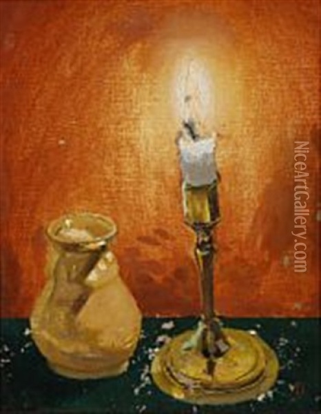 Still Life With Candle And Jar Oil Painting - Claus Johansen