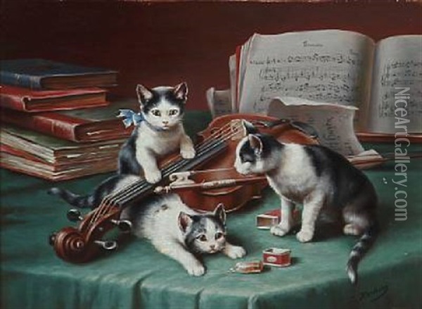 Three Kittens Are Playing With The Musicians Violin Oil Painting - Carl Reichert