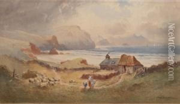 Coastal Scene With Farm Andflock Of Sheep Oil Painting - Henry Williams
