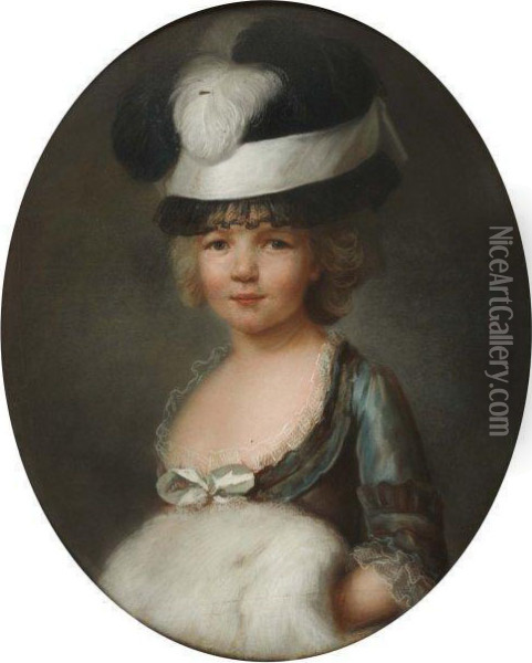 Portrait De Jeune Fille En Robe De Tonchangeant, Les Mains Dans Son Manchon Oil Painting - Simon Bernard Lenoir