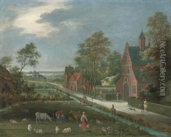 A Village Landscape With A Milkmaid Oil Painting - Pieter Gysels