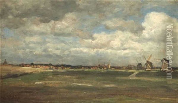 A Polder Landscape With Mills Near Rotterdam Oil Painting - Willem Roelofs