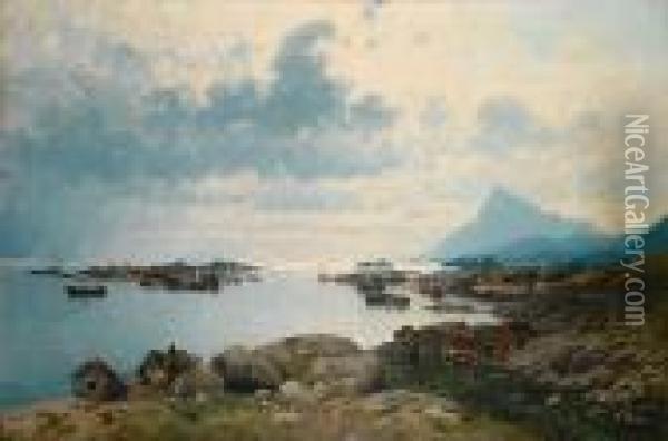 Entering Harbour, Lofoten Islands Oil Painting - Adelsteen Normann