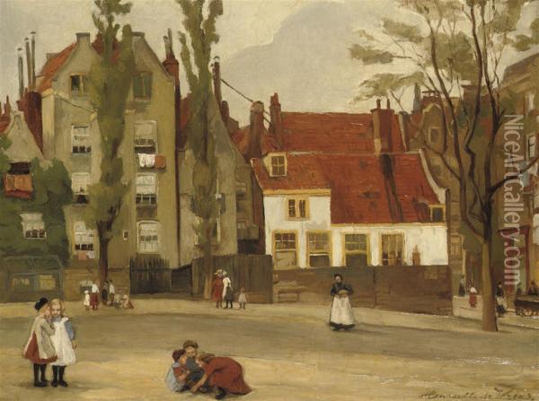 Children Playing On A Square Oil Painting - Henriette Estella De Vries