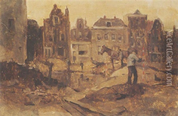 A Building Site (raadhuisstraat, Amsterdam?) Oil Painting - George Hendrik Breitner