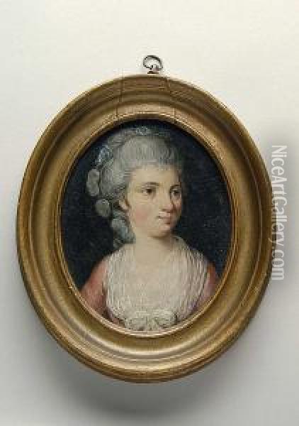 A Portrait Of A Lady Wearing A Pink Dress With White Lace Trim Oil Painting - Daniel Gardner