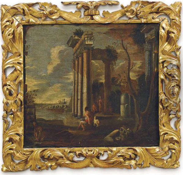Capriccio Con Rovine E Figure Di Viandanti Oil Painting - Pietro Paltronieri Il Mirandolese