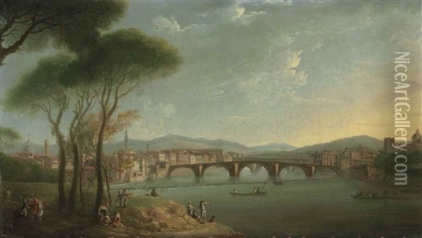 A View Of The Arno, Florence, From The Cascine Gardens, With Figures Fishing And Resting On The Rocks In The Foreground, The Ponte Alla Carita And The Ponte Vecchio Beyond Oil Painting - Thomas Patch