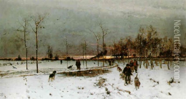 Hunters With Their Dogs In A Winter Landscape At Sunset Oil Painting - Ludwig Munthe