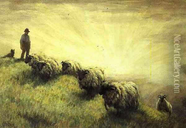Shepherd Bringing Home his Flock Oil Painting - John Robert Keitley